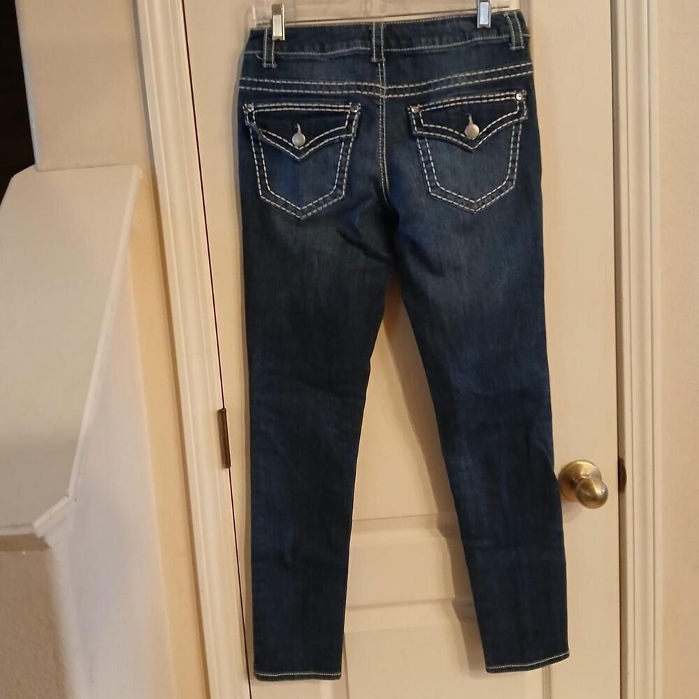 Mcbling Jewel Embellished Pockets Low Rise Skinny Stretch Jeans Thick Stitch 8 - Picture 4 of 5